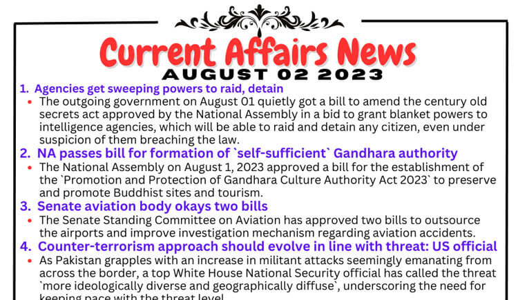 Daily Top-10 Current Affairs MCQs / News (August 02 2023) for CSS