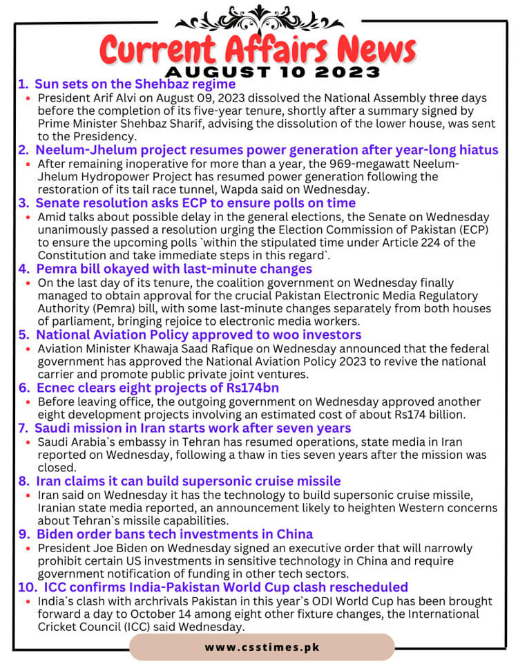 Daily Top-10 Current Affairs MCQs / News (August 10 2023) for CSS