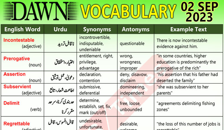 Daily DAWN News Vocabulary with Urdu Meaning (02 Sep 2023)