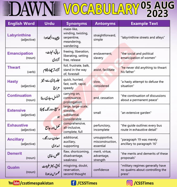 Daily DAWN News Vocabulary with Urdu Meaning (05 Aug 2023)