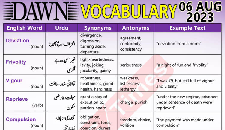 Daily DAWN News Vocabulary with Urdu Meaning (06 Aug 2023)