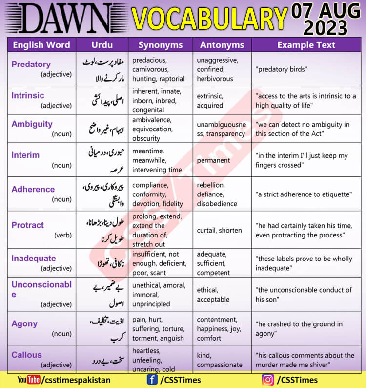 Daily DAWN News Vocabulary with Urdu Meaning (07 Aug 2023)