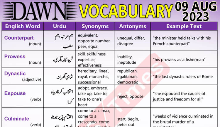 Daily DAWN News Vocabulary with Urdu Meaning (09 Aug 2023)