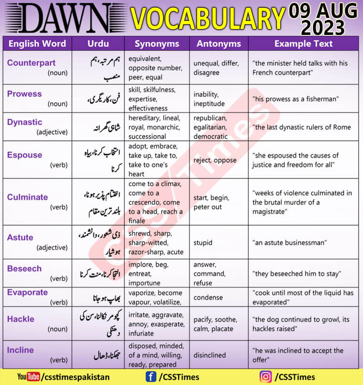 Daily DAWN News Vocabulary with Urdu Meaning (09 Aug 2023)