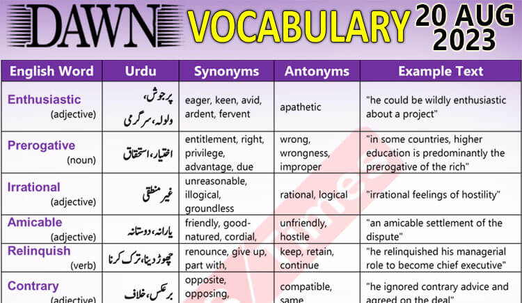 Daily DAWN News Vocabulary with Urdu Meaning (20 Aug 2023)