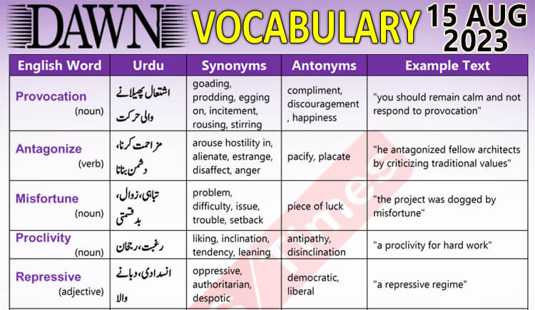 Daily DAWN News Vocabulary with Urdu Meaning (15 Aug 2023)