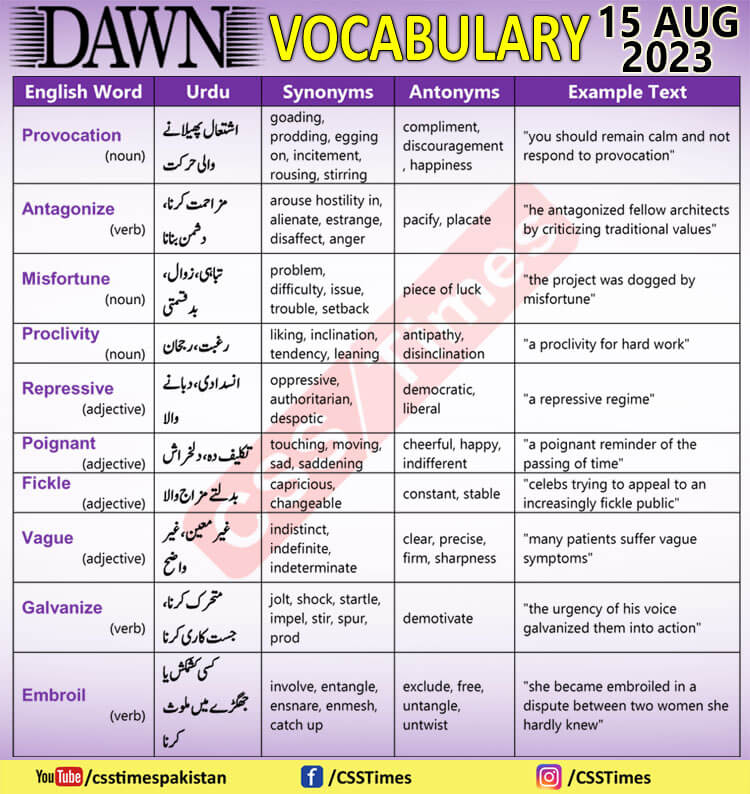 Daily DAWN News Vocabulary with Urdu Meaning (15 Aug 2023)