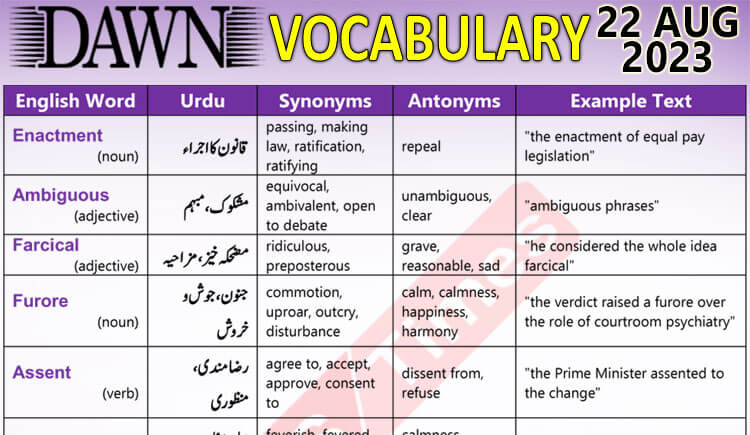 Daily DAWN News Vocabulary with Urdu Meaning (22 Aug 2023)