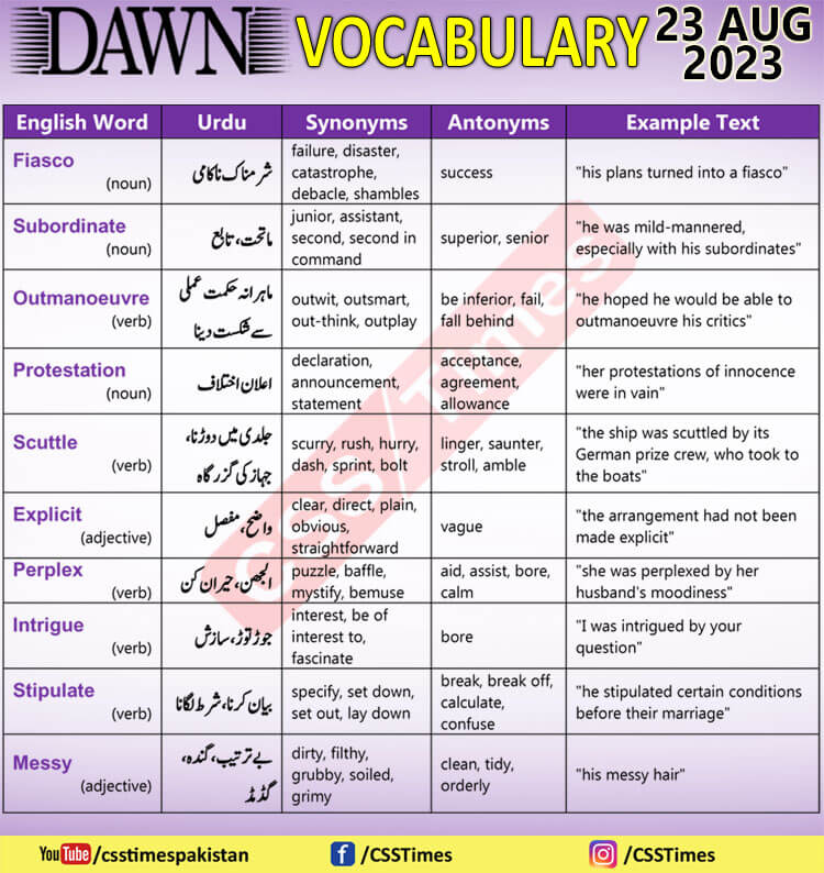Daily DAWN News Vocabulary with Urdu Meaning (23 Aug 2023)