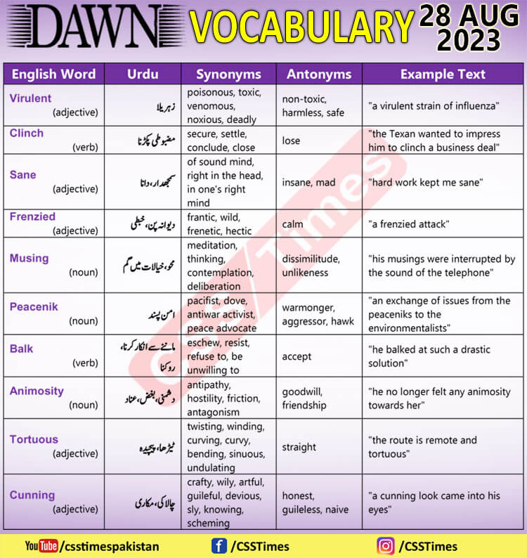 Daily DAWN News Vocabulary with Urdu Meaning (28 Aug 2023)