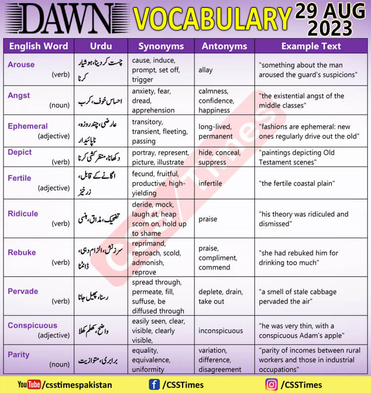 Daily DAWN News Vocabulary with Urdu Meaning (29 Aug 2023)