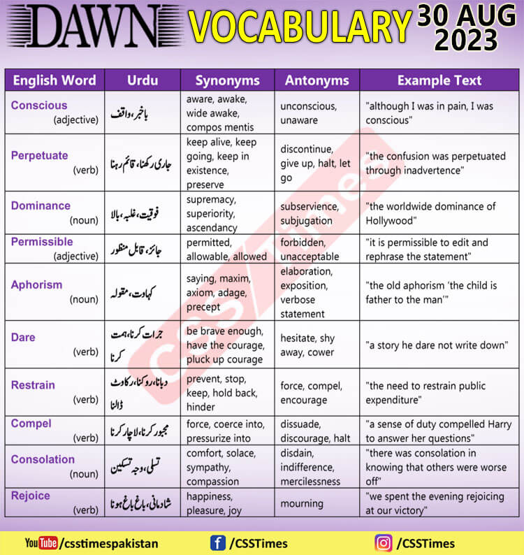 Daily DAWN News Vocabulary with Urdu Meaning (30 Aug 2023)