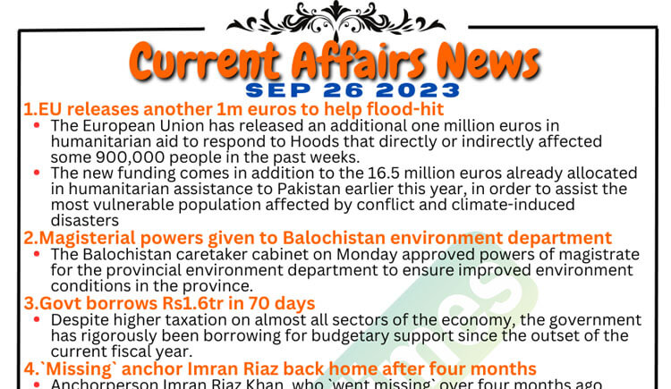 Daily Top-10 Current Affairs MCQs / News (September 26 2023) for CSS