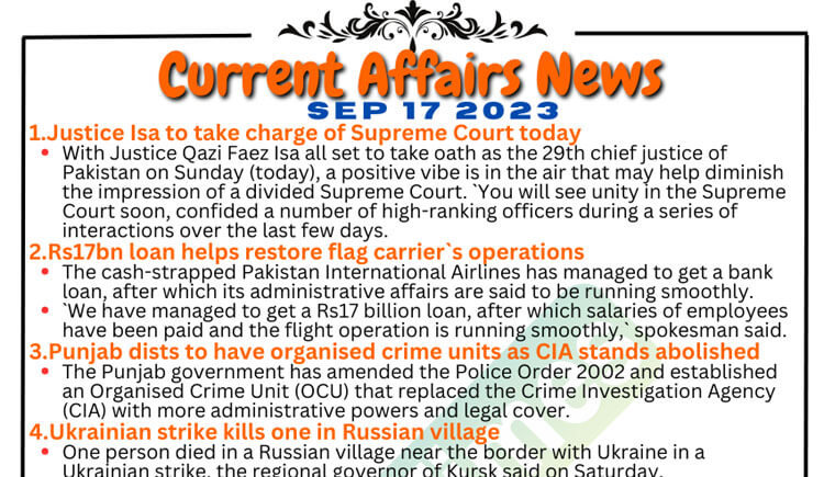 Daily Top-10 Current Affairs MCQs / News (September 17 2023) for CSS
