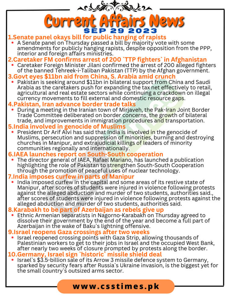 Daily Top-10 Current Affairs MCQs / News (September 29 2023) for CSS