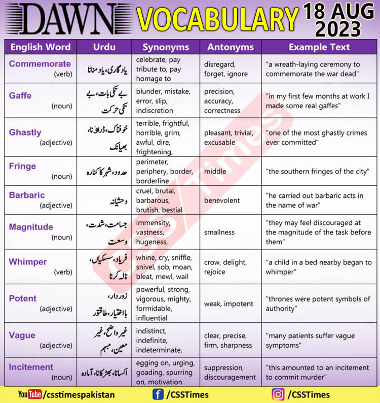 Daily DAWN News Vocabulary with Urdu Meaning (18 Aug 2023)
