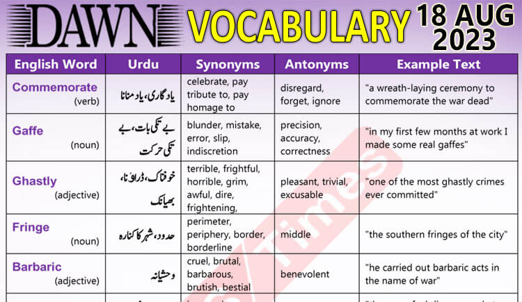 Daily DAWN News Vocabulary with Urdu Meaning (18 Aug 2023)