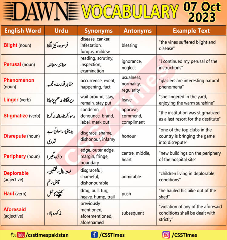 Daily DAWN News Vocabulary with Urdu Meaning (07 Oct 2023)