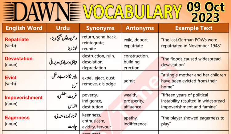 Daily DAWN News Vocabulary with Urdu Meaning (09 Oct 2023)