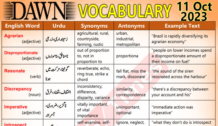 Daily DAWN News Vocabulary with Urdu Meaning (11 Oct 2023)