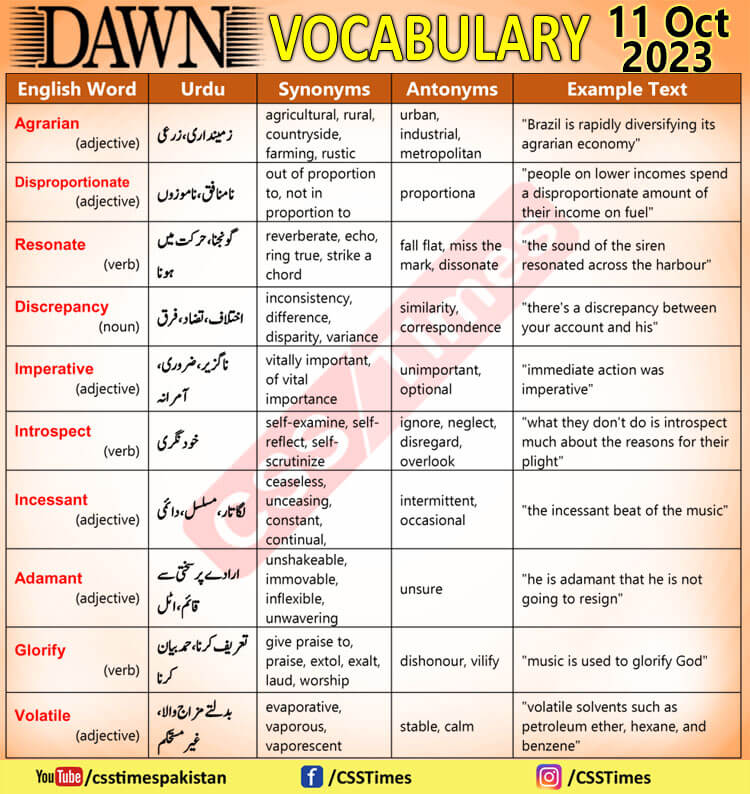  Daily DAWN News Vocabulary with Urdu Meaning (11 Oct 2023)