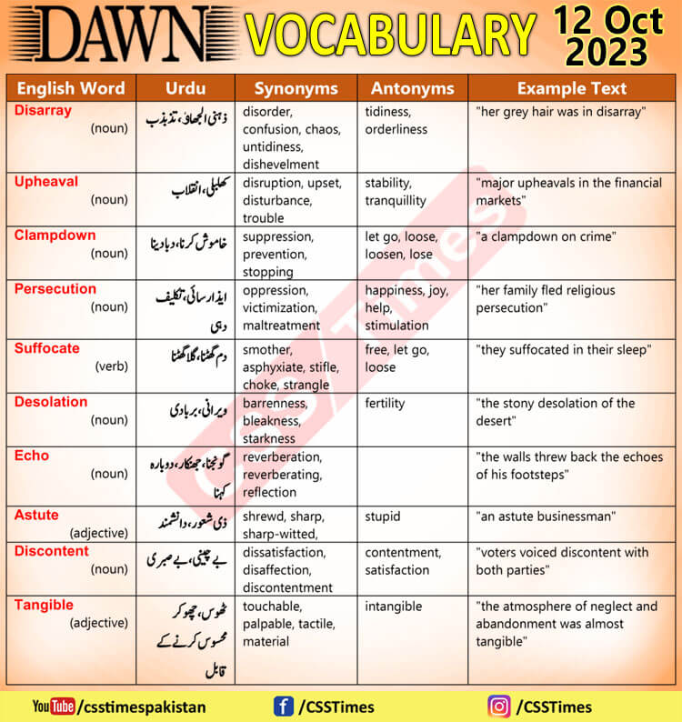 Daily DAWN News Vocabulary with Urdu Meaning (12 Oct 2023)