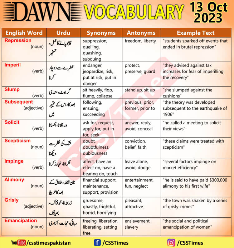 Daily DAWN News Vocabulary with Urdu Meaning (13 Oct 2023)