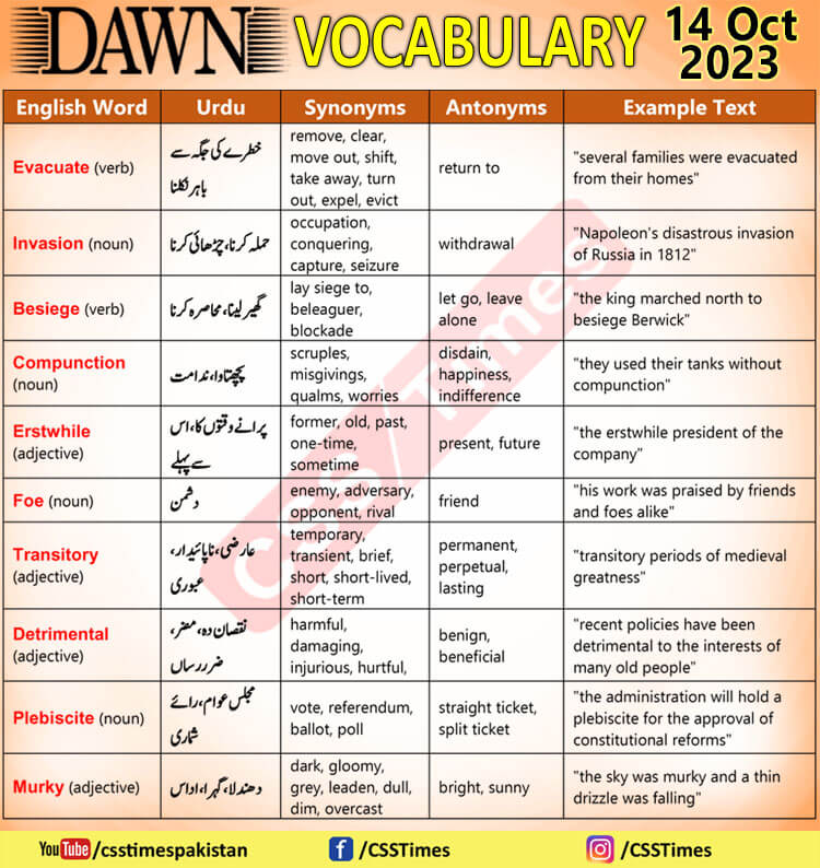 Daily DAWN News Vocabulary with Urdu Meaning (14 Oct 2023)