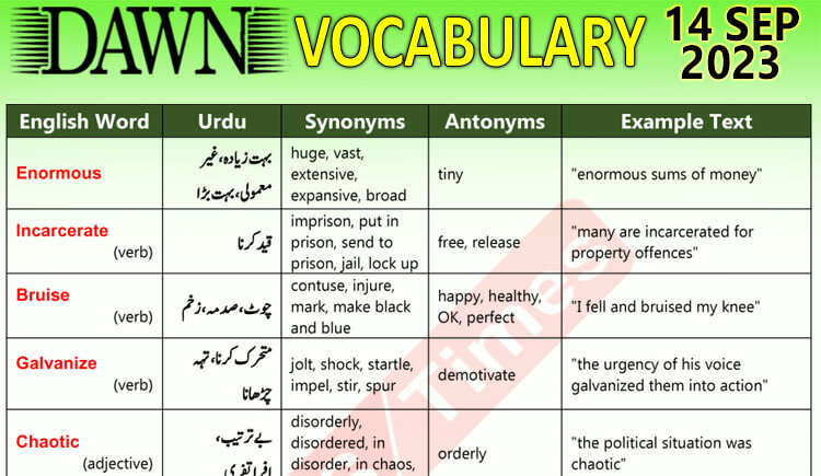Daily DAWN News Vocabulary with Urdu Meaning (14 Sep 2023)
