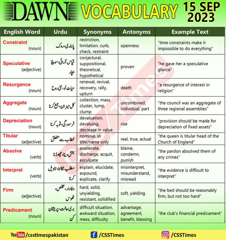 Daily DAWN News Vocabulary with Urdu Meaning (15 Sep 2023)
