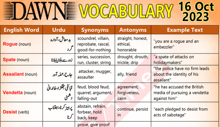 Daily DAWN News Vocabulary with Urdu Meaning (16 Oct 2023)