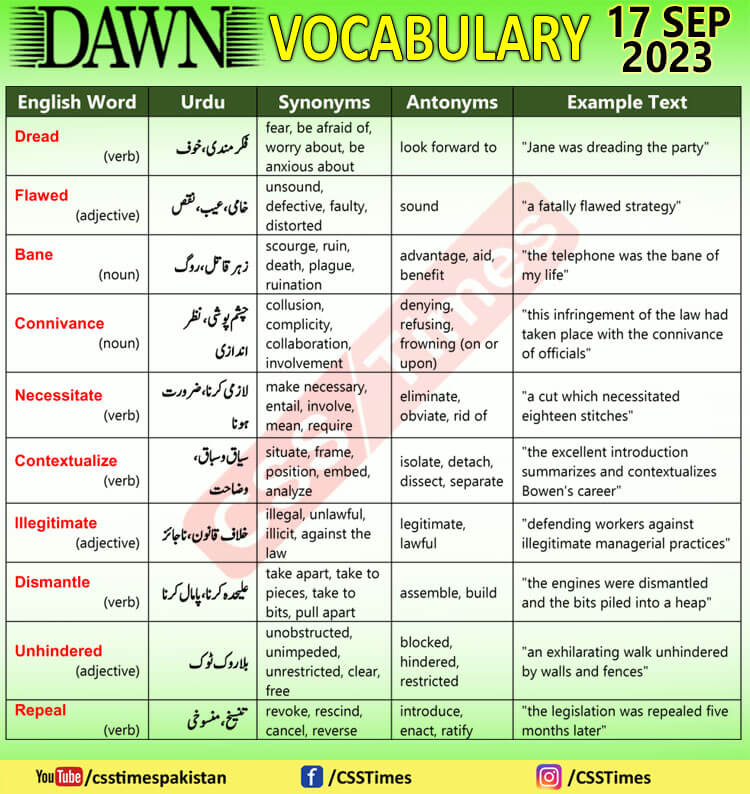 Daily DAWN News Vocabulary with Urdu Meaning (17 Sep 2023)