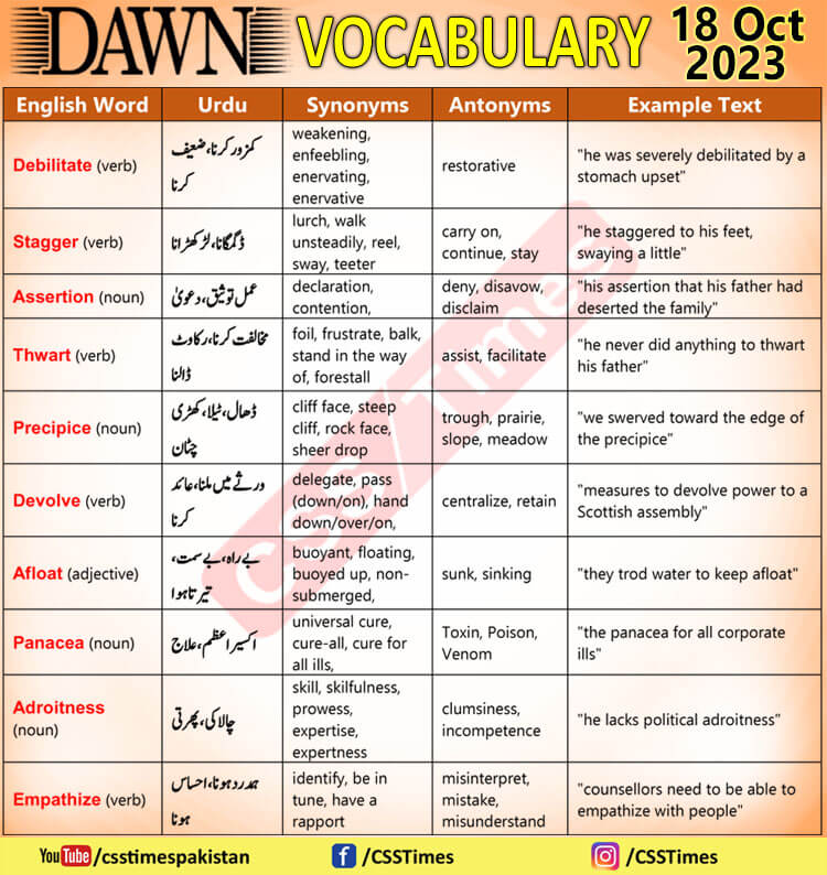 Daily DAWN News Vocabulary with Urdu Meaning (18 Oct 2023)