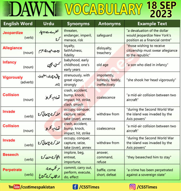 Daily DAWN News Vocabulary with Urdu Meaning (18 Sep 2023)