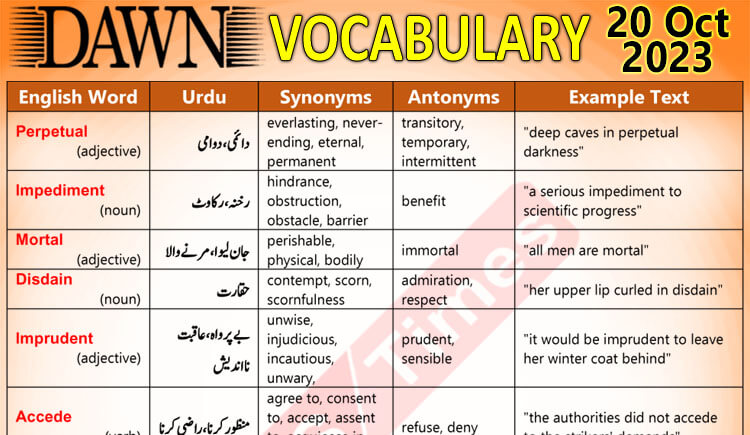 Daily DAWN News Vocabulary with Urdu Meaning (20 Oct 2023)
