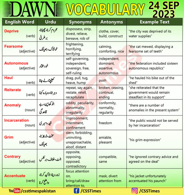 Daily DAWN News Vocabulary with Urdu Meaning (24 Sep 2023) 