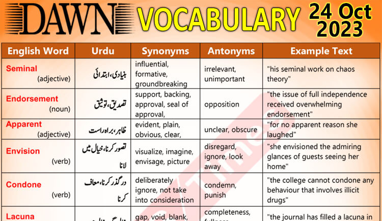 Daily DAWN News Vocabulary with Urdu Meaning (24 Oct 2023)