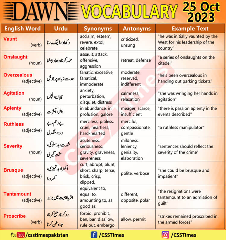 Daily DAWN News Vocabulary with Urdu Meaning (25 Oct 2023)