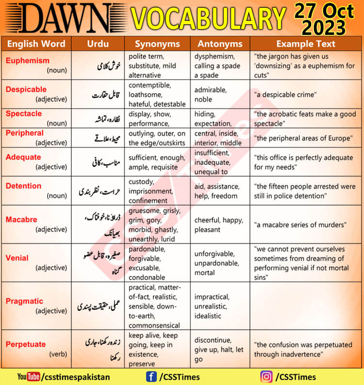 Daily DAWN News Vocabulary with Urdu Meaning (27 Oct 2023)