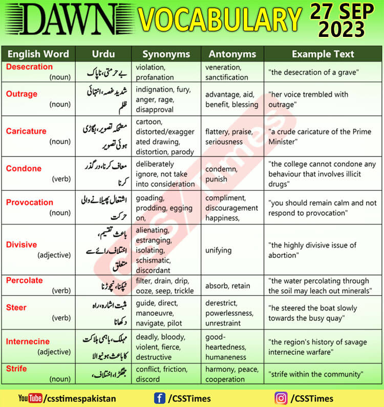 Daily DAWN News Vocabulary with Urdu Meaning (27 Sep 2023)