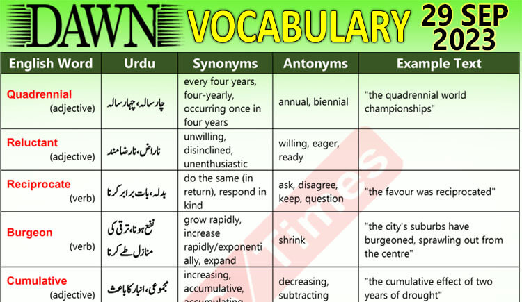 Daily DAWN News Vocabulary with Urdu Meaning (29 Sep 2023)