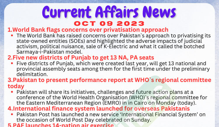 Daily Top-10 Current Affairs MCQs / News (October 09 2023) for CSS