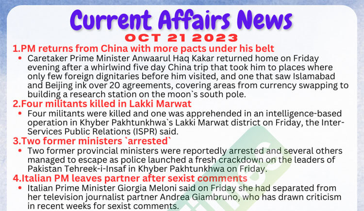 Daily Top-10 Current Affairs MCQs / News (October 21 2023) for CSS