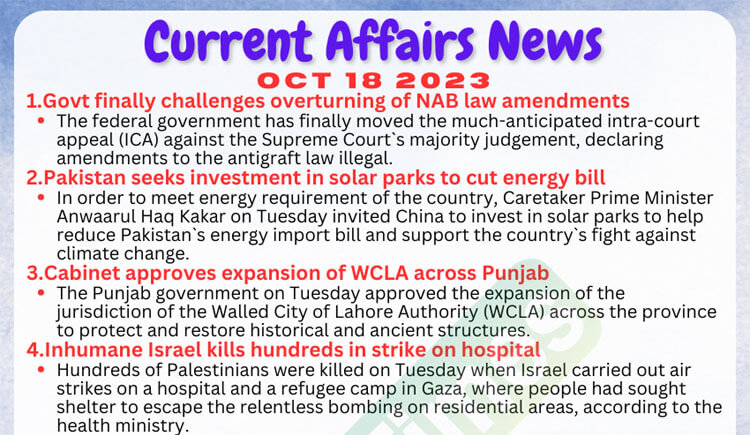 Daily Top-10 Current Affairs MCQs / News (October 18 2023) for CSS