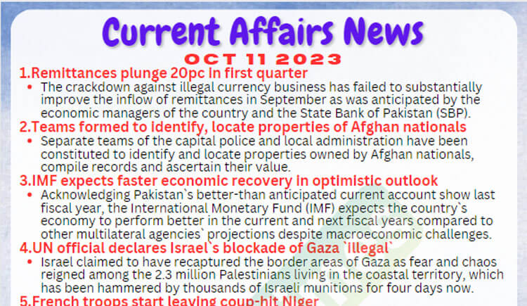 Daily Top-10 Current Affairs MCQs / News (October 11 2023) for CSS