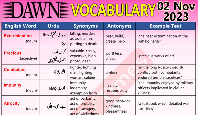 Daily DAWN News Vocabulary with Urdu Meaning (02 Nov 2023)