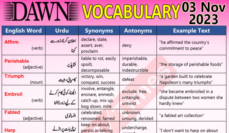 Daily DAWN News Vocabulary with Urdu Meaning (03 Nov 2023)