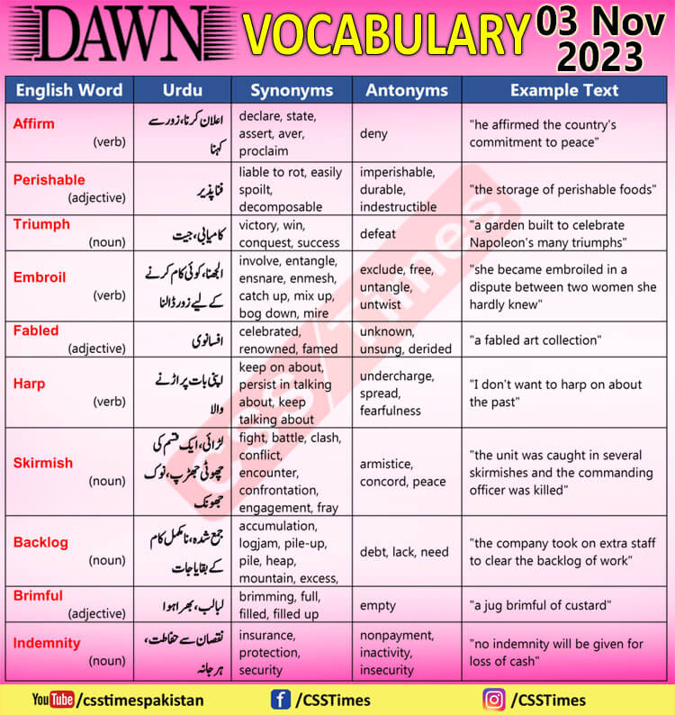 Daily DAWN News Vocabulary with Urdu Meaning (03 Nov 2023)