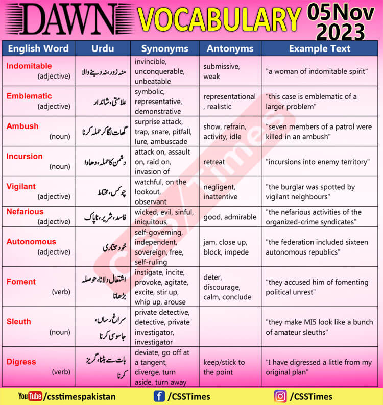 Daily DAWN News Vocabulary with Urdu Meaning (05 Nov 2023)