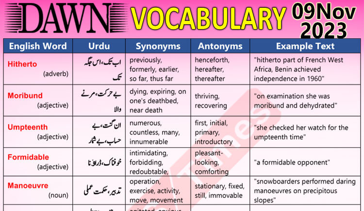 Daily DAWN News Vocabulary with Urdu Meaning (09 Nov 2023)